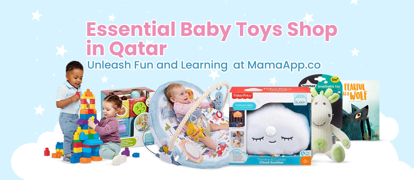 Educational toys, children's books, and soft plush toys for sale at MamaApp Qatar