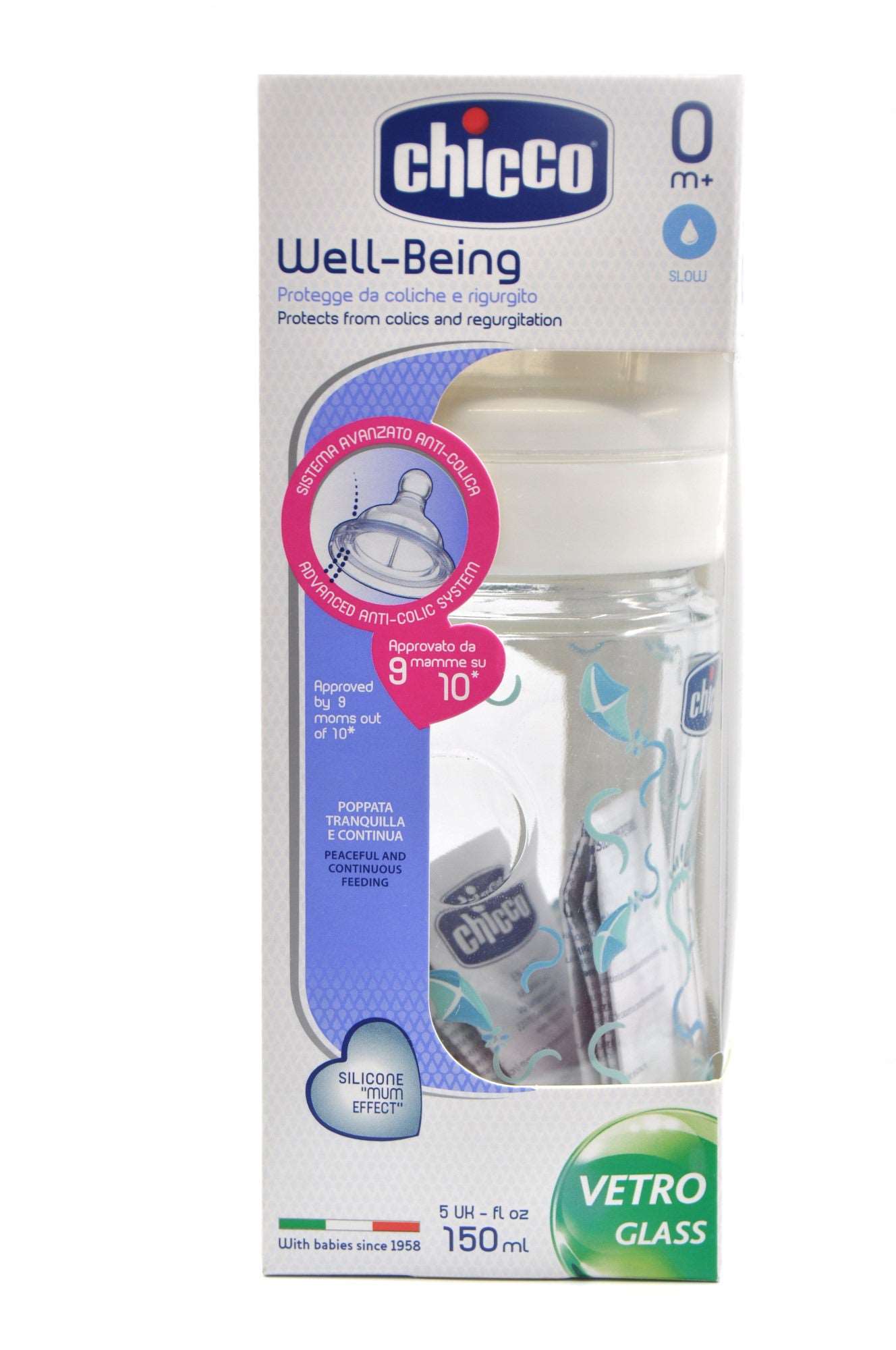 MamaApp Chicco Bottle Well Being Glass 150 ml Normal Silicone