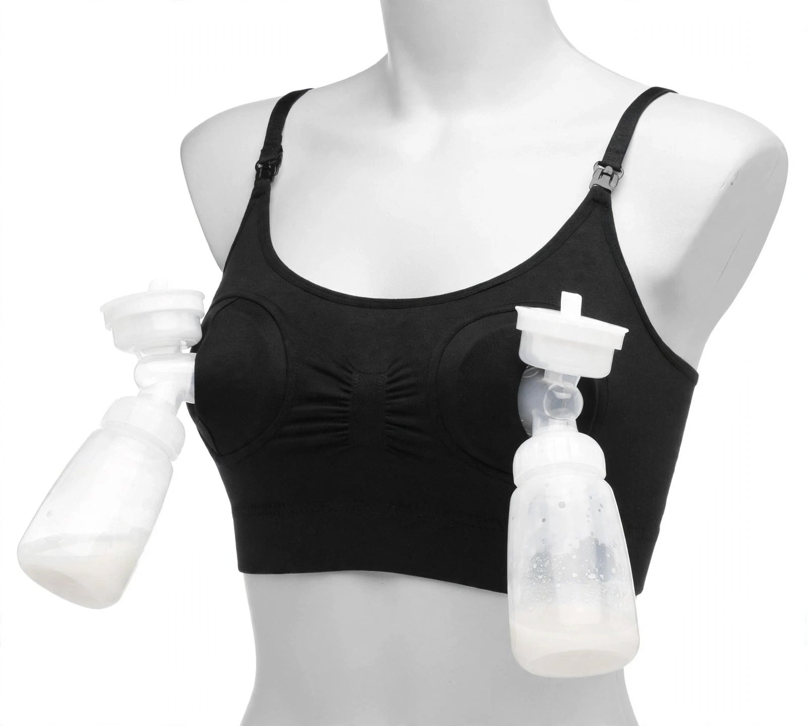 Black nursing bra displayed on a white mannequin torso, with clear breast pump bottles attached to both sides against a plain white background.