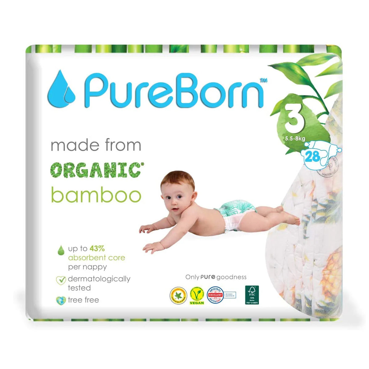 Pure Born Organic Bamboo Diapers #3 28's