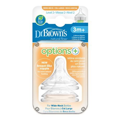 Dr. Brown's Natural Flow Level 2 Wide Neck Silicone Nipple 2-Pack - MamaApp