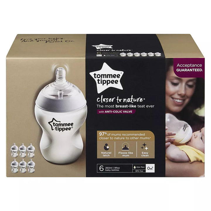 Tommee Tippee Closer to Nature Feeding Bottle, 260ml x 6  - Clear
