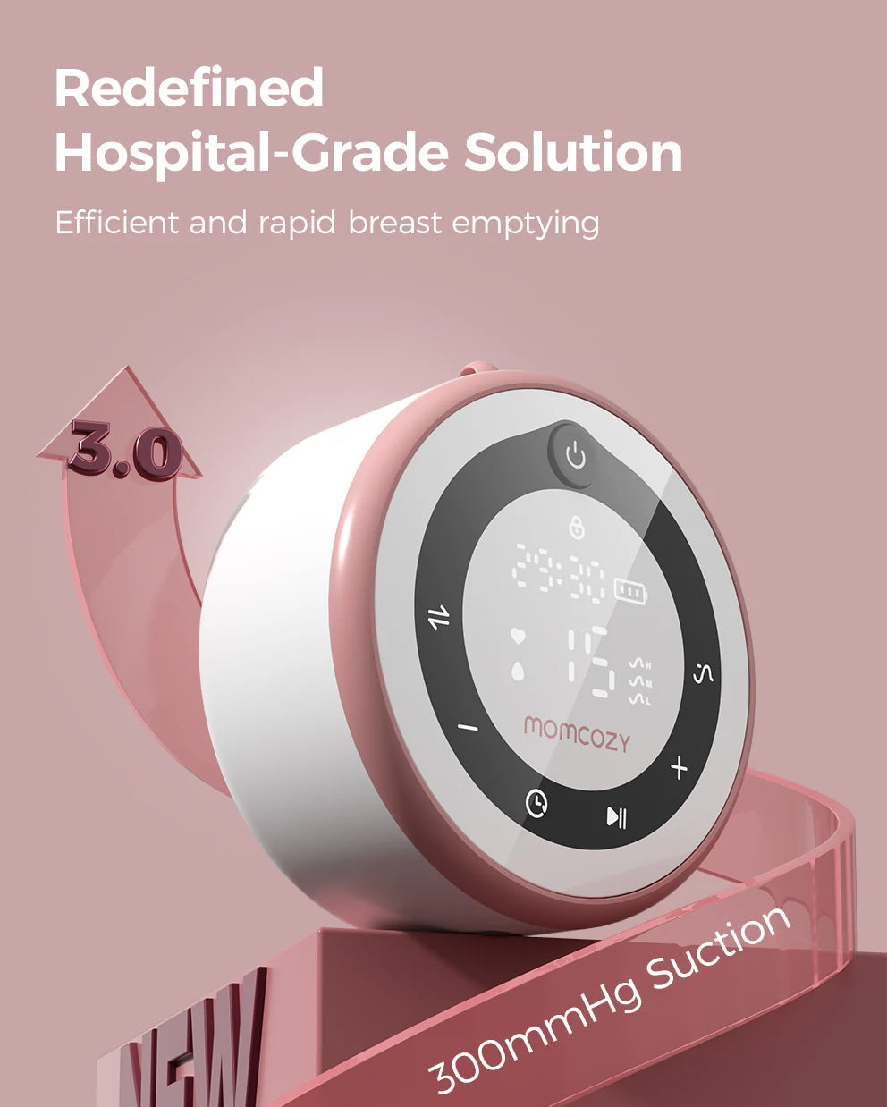 Pink breast pump with digital display on a pink background, featuring the brand 'momcozy'.