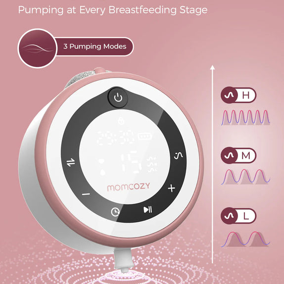 Mamcozy breast pump with pumping modes on a pink background