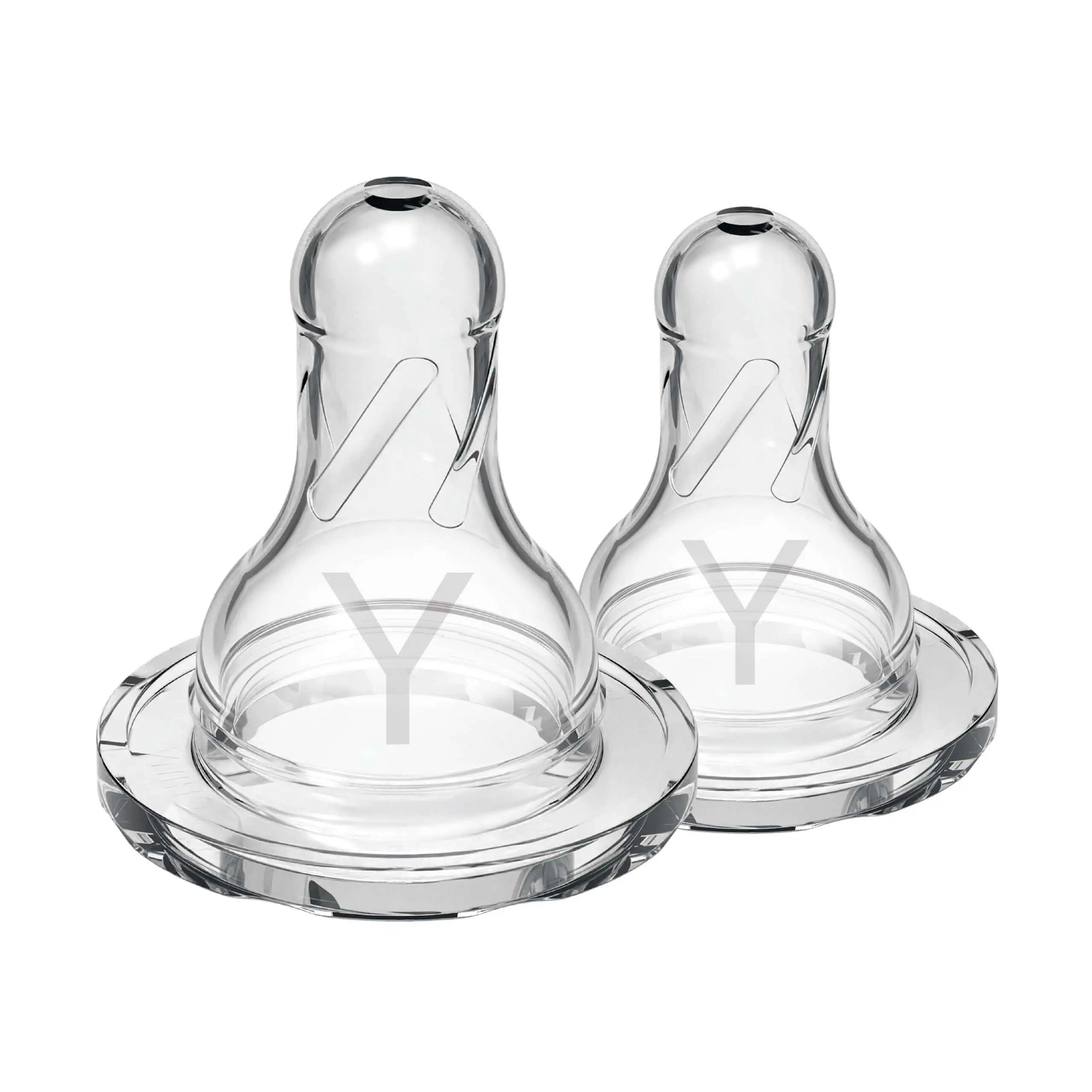 Two clear Dr Browns Anti Colic baby bottle nipples with 'NY' branding on a white background