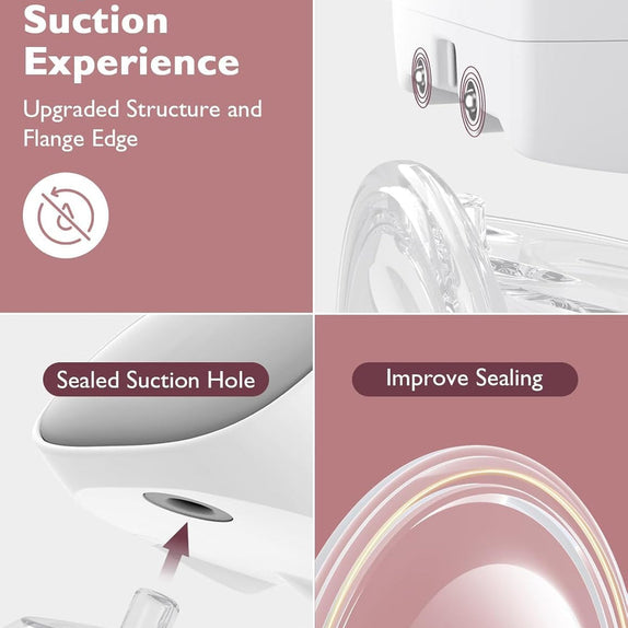 Product features with text on improving suction experience, including pump stability, sealed suction hole, and improved sealing.