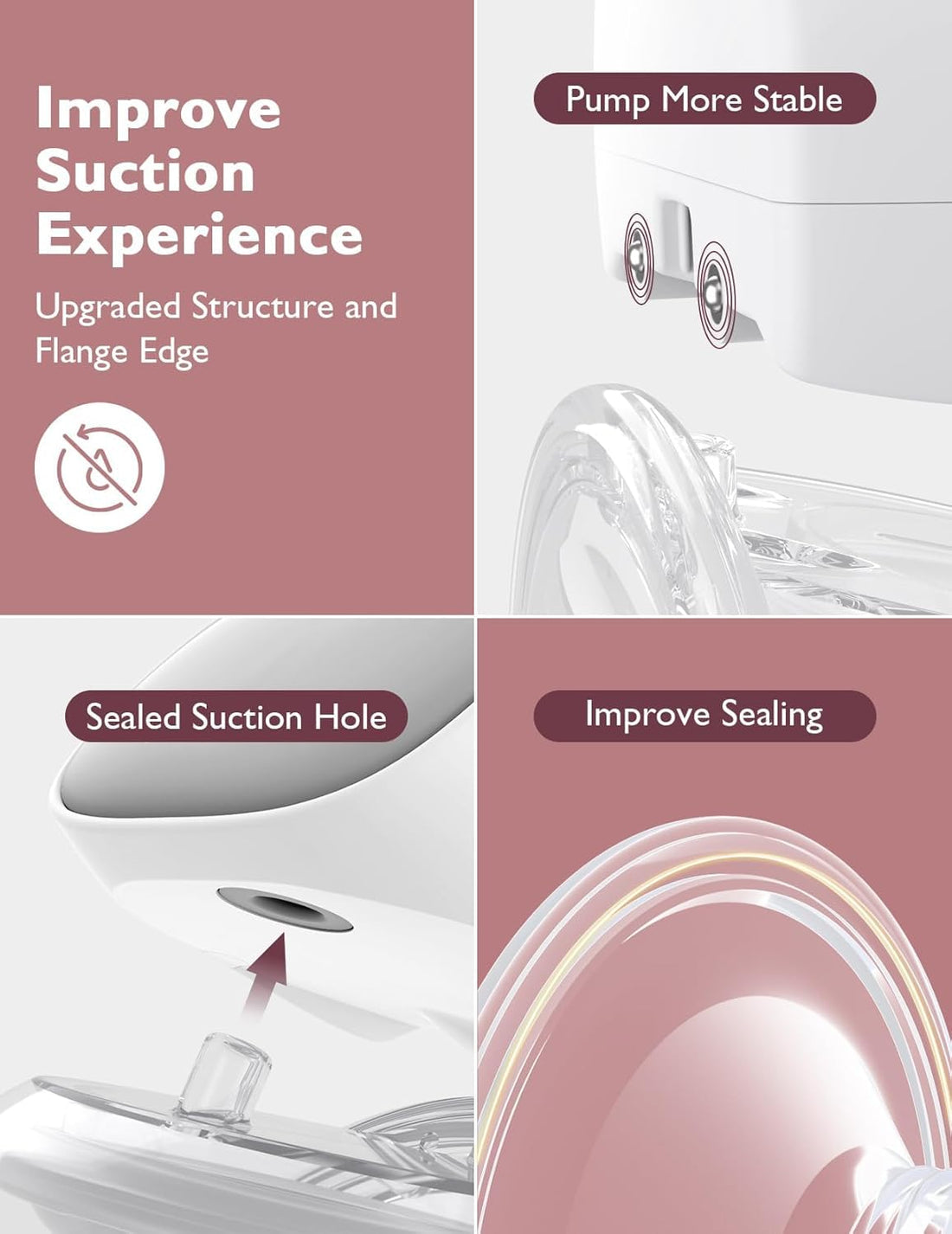 Product features with text on improving suction experience, including pump stability, sealed suction hole, and improved sealing.