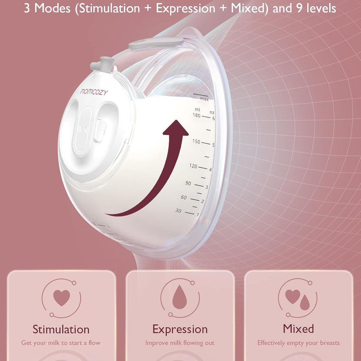 Momcozy V2 pro breast pump showing  measurement dial and an arrow indicating flow direction. The text at the top reads 'Enhanced Comfort & Efficiency' and lists three modes and nine levels.
