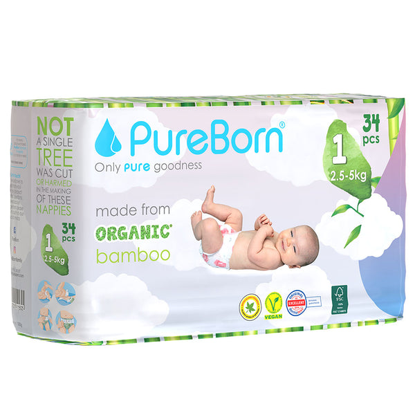 Pure Born Organic Bamboo Baby Diapers No. 1, 34