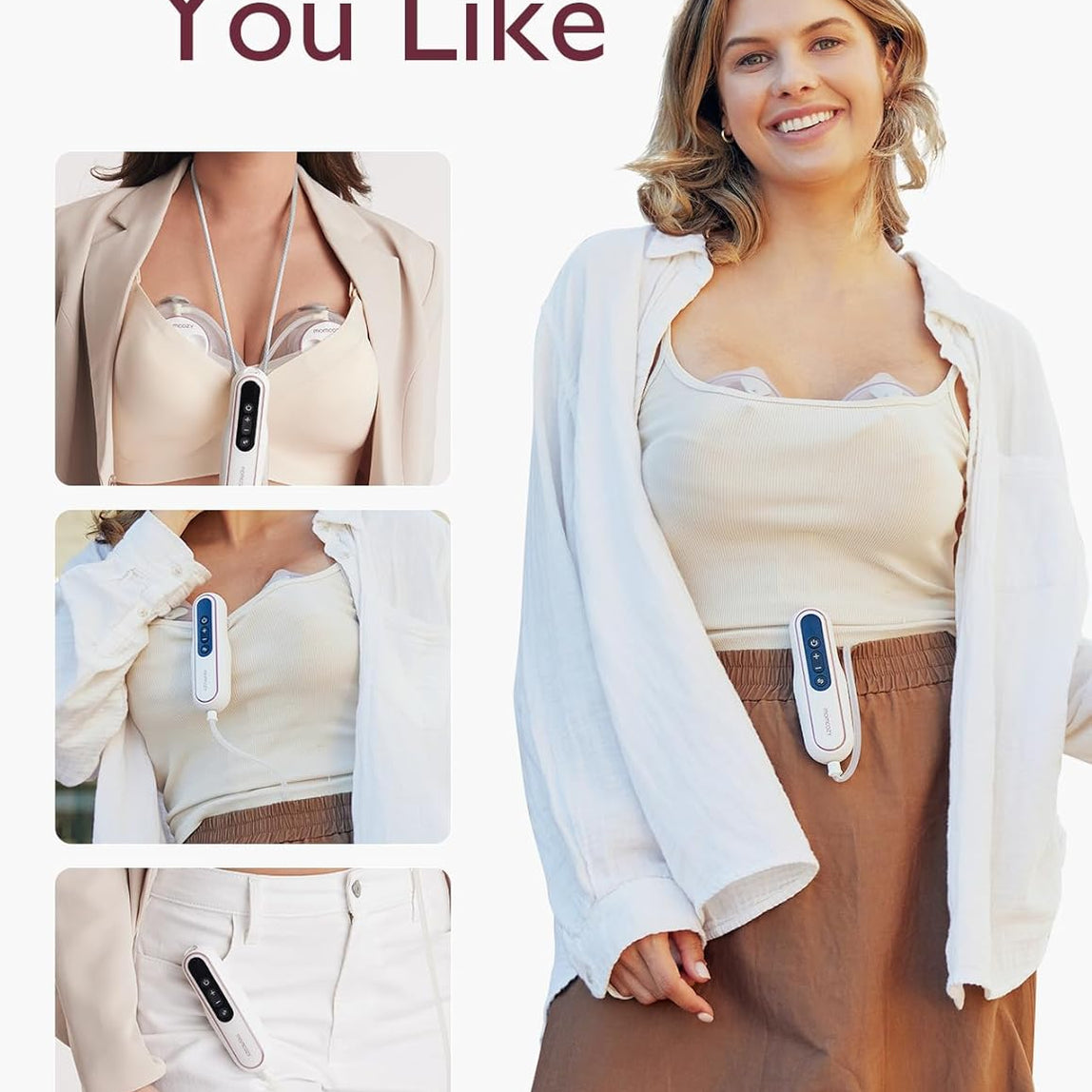 Woman wearing a white shirt with a momcozy v2 pro breast pump attached, surrounded by close-up shots of the device.