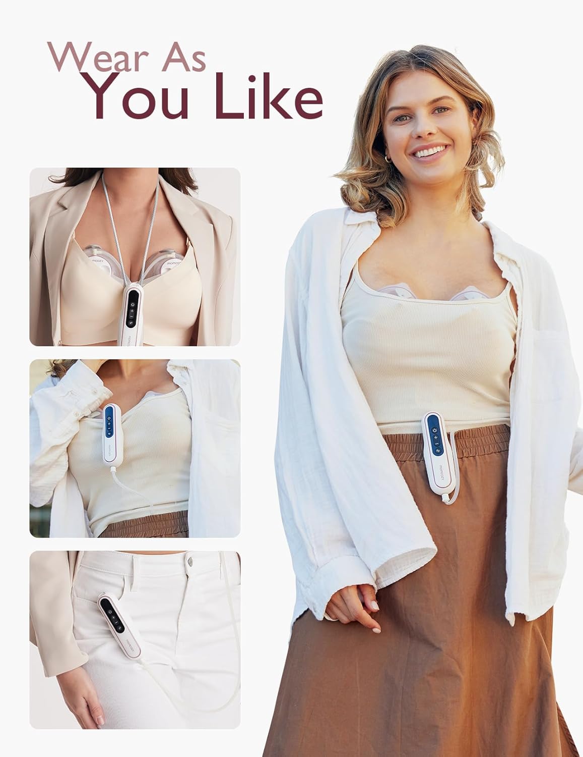 Woman wearing a white shirt with a momcozy v2 pro breast pump attached, surrounded by close-up shots of the device.