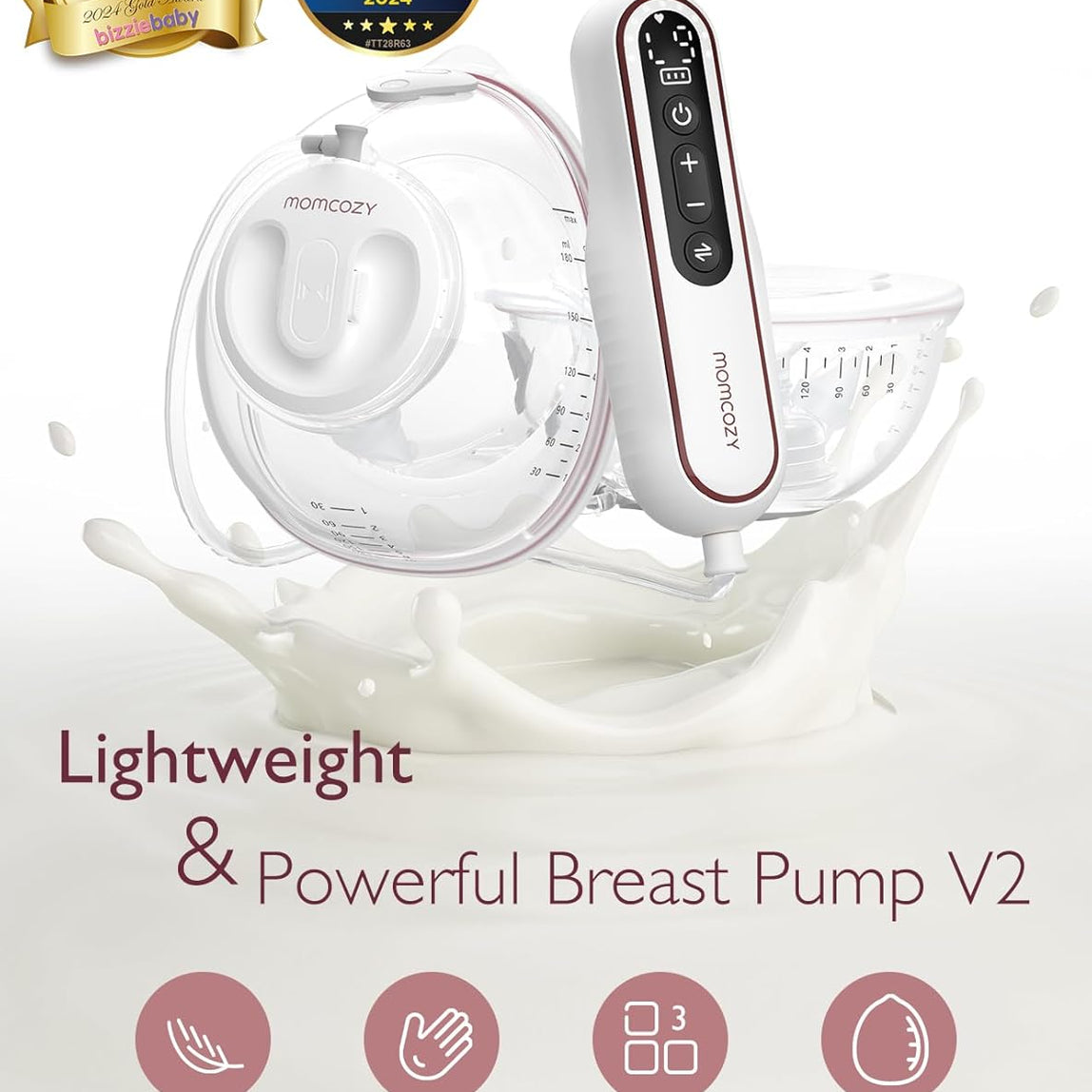 Promotional product graphic for a breast pump set. The image shows a white and red breast pump receiver with a control panel, a clear milk collection cup, and a clear breast shield with measurement markings, set against a white background with a milk splash.