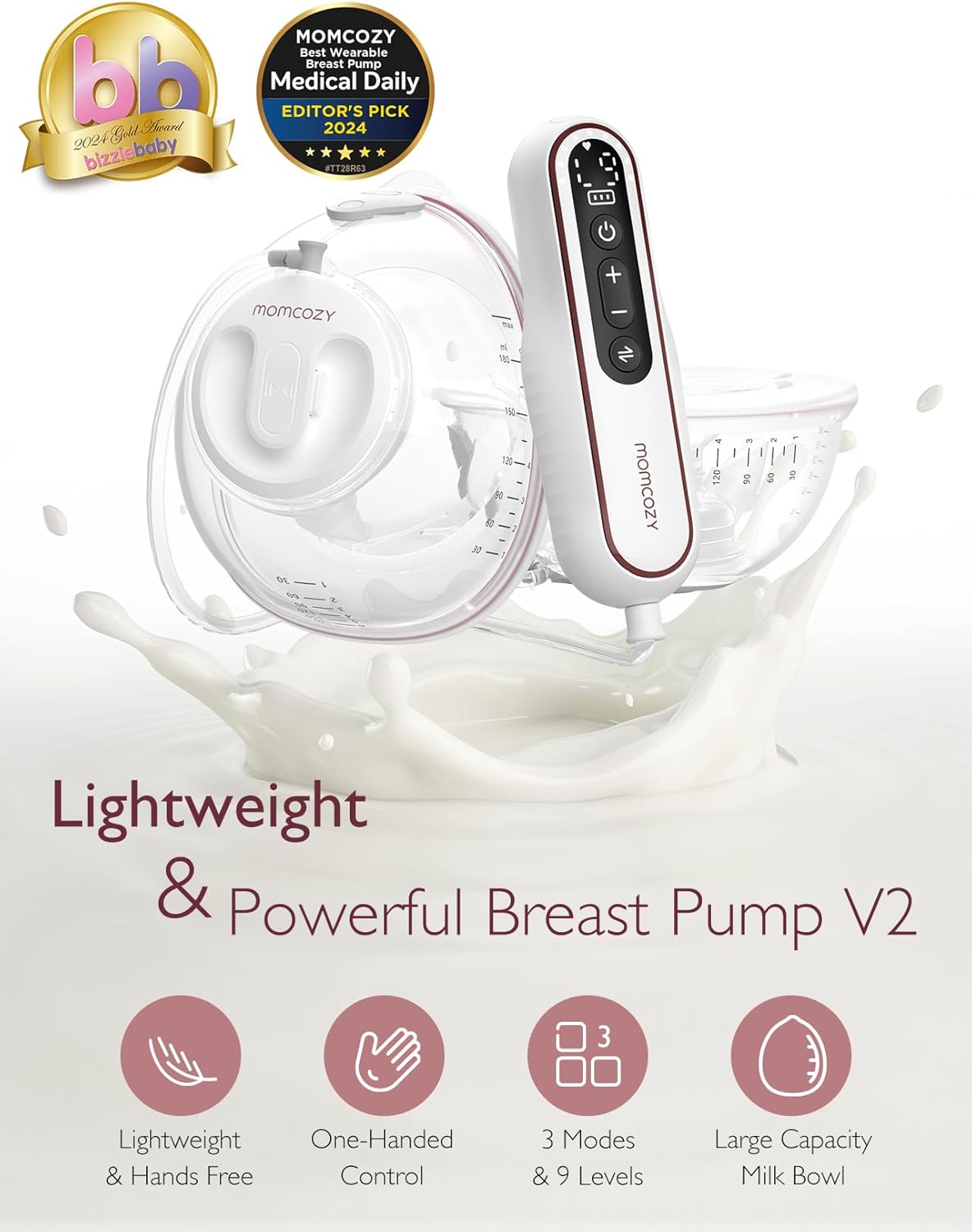 Promotional product graphic for a breast pump set. The image shows a white and red breast pump receiver with a control panel, a clear milk collection cup, and a clear breast shield with measurement markings, set against a white background with a milk splash.