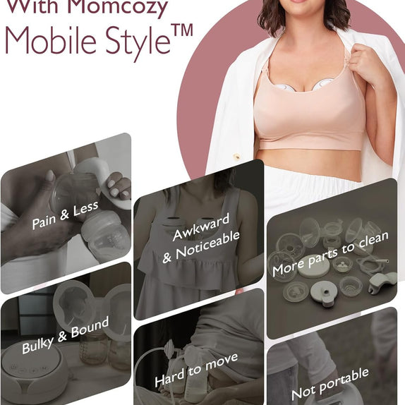 Momcozy Mobile Style breast pump, featuring a smiling woman in a beige nursing bra and white robe, with six dark overlay panels showing product features and close-up views of the pump and parts.