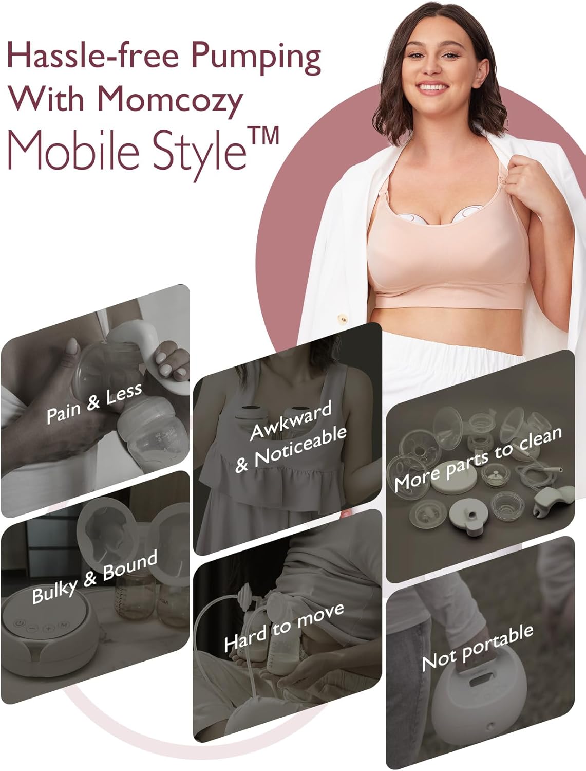Momcozy Mobile Style breast pump, featuring a smiling woman in a beige nursing bra and white robe, with six dark overlay panels showing product features and close-up views of the pump and parts.
