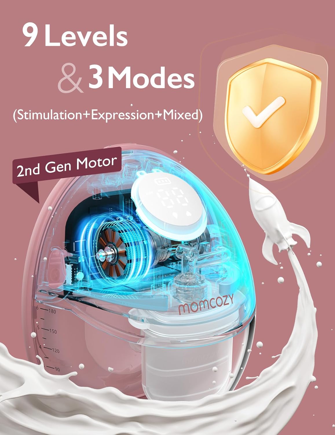 Momcozy M6 Pump with 2nd Gen Motor feature on a pink background
