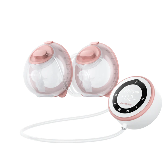 Pink and white earbud headphones with control unit on a white background