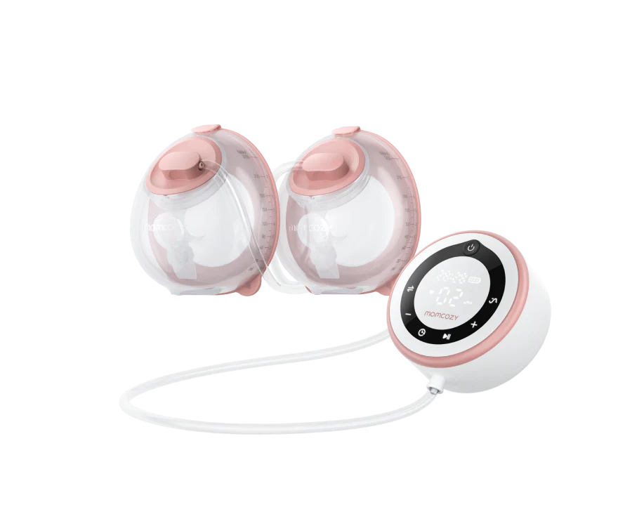 Pink and white earbud headphones with control unit on a white background