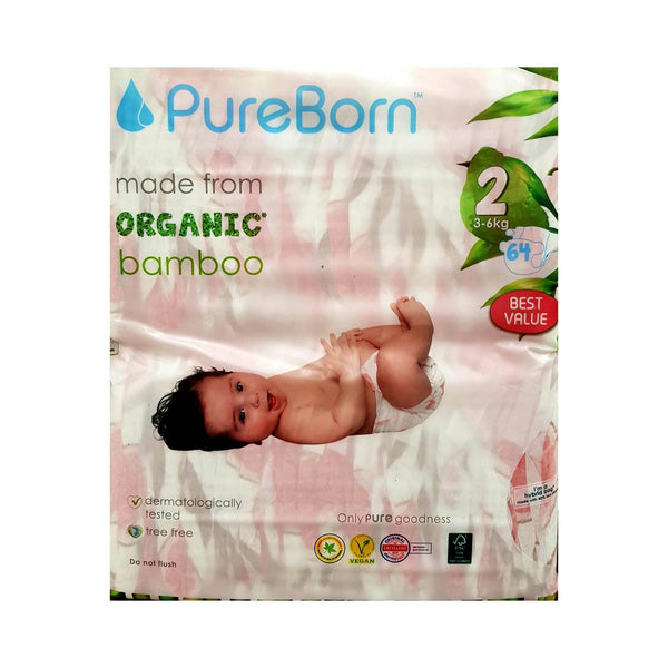 Pure Born Organic Bamboo Baby Diapers No.2, 64's