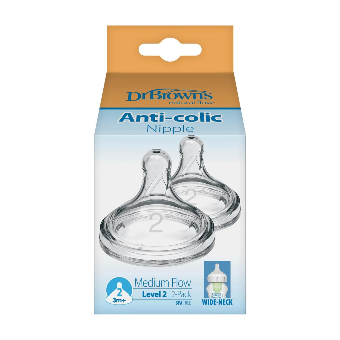 Dr. Brown's Natural Flow Level 2 Wide Neck  Silicone Nipple 2-Pack