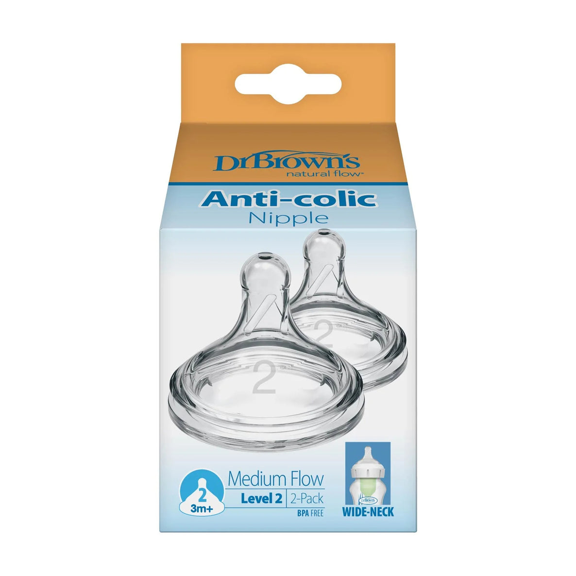 Dr. Brown's Natural Flow Level 2 Wide Neck  Silicone Nipple 2-Pack