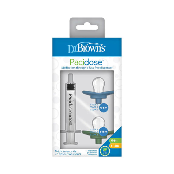 Pacidose liquid medicine dispenser combo pack 1 stage 1 pacifier 0 6m 1 stage 2 pacifier 6 18m and 1 syringe