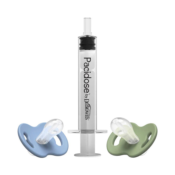 Pacidose liquid medicine dispenser combo pack 1 stage 1 pacifier 0 6m 1 stage 2 pacifier 6 18m and 1 syringe