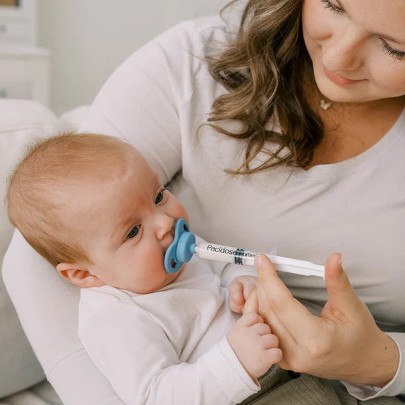 Pacidose liquid medicine dispenser combo pack 1 stage 1 pacifier 0 6m 1 stage 2 pacifier 6 18m and 1 syringe