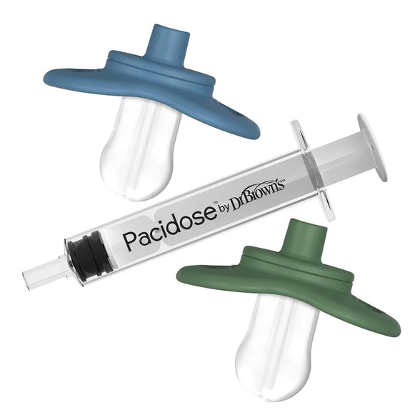 Pacidose liquid medicine dispenser combo pack 1 stage 1 pacifier 0 6m 1 stage 2 pacifier 6 18m and 1 syringe