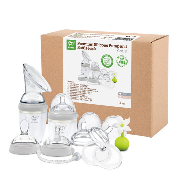 Haakaa Gen. 3 Premium Silicone Pump & Bottle Pack - Grey