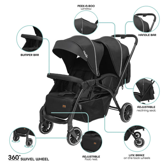 MOON Dois - Twin Stroller - Black, Twin Baby Stroller Pram