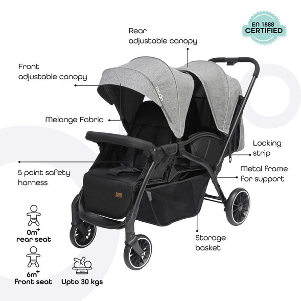 MOON Dois - Twin Stroller - Grey, Twin Baby Stroller Pram