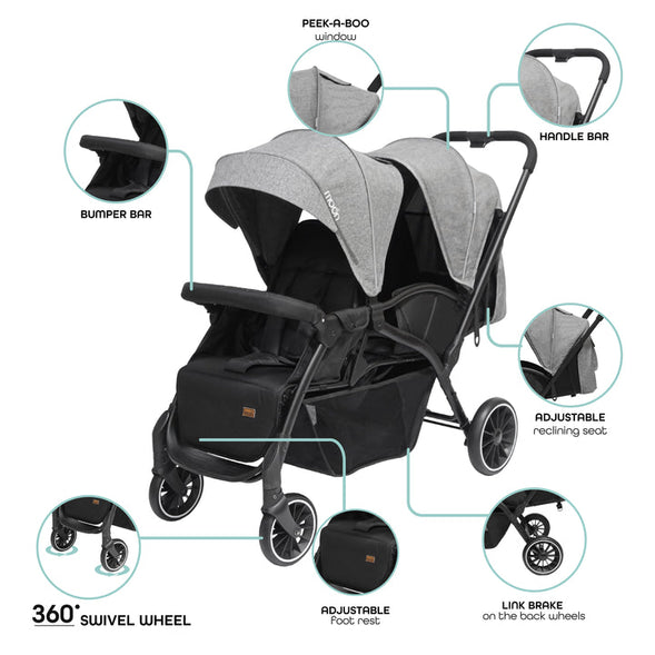 MOON Dois - Twin Stroller - Grey, Twin Baby Stroller Pram