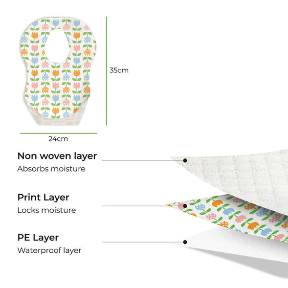 MOON Disposable Baby Bibs – Flowers (24 x 35 cm, Pack of 24)