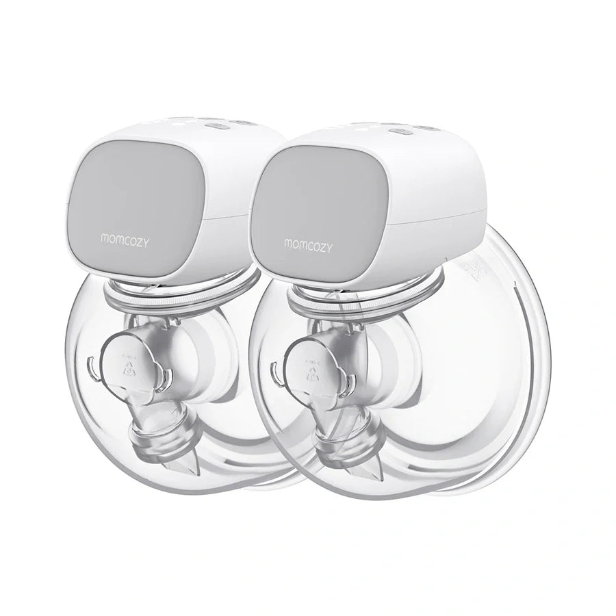 Two white Momocozzy breast pump electric motorized units with clear silicone flanges