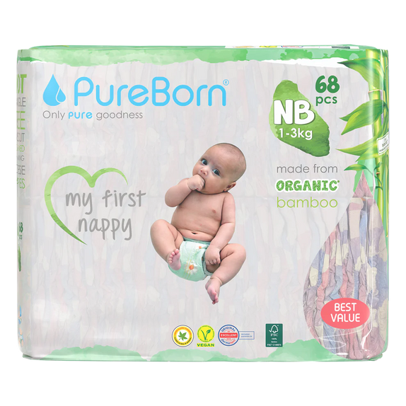 Pure born organic bamboo baby diapers no 1 68s for new born
