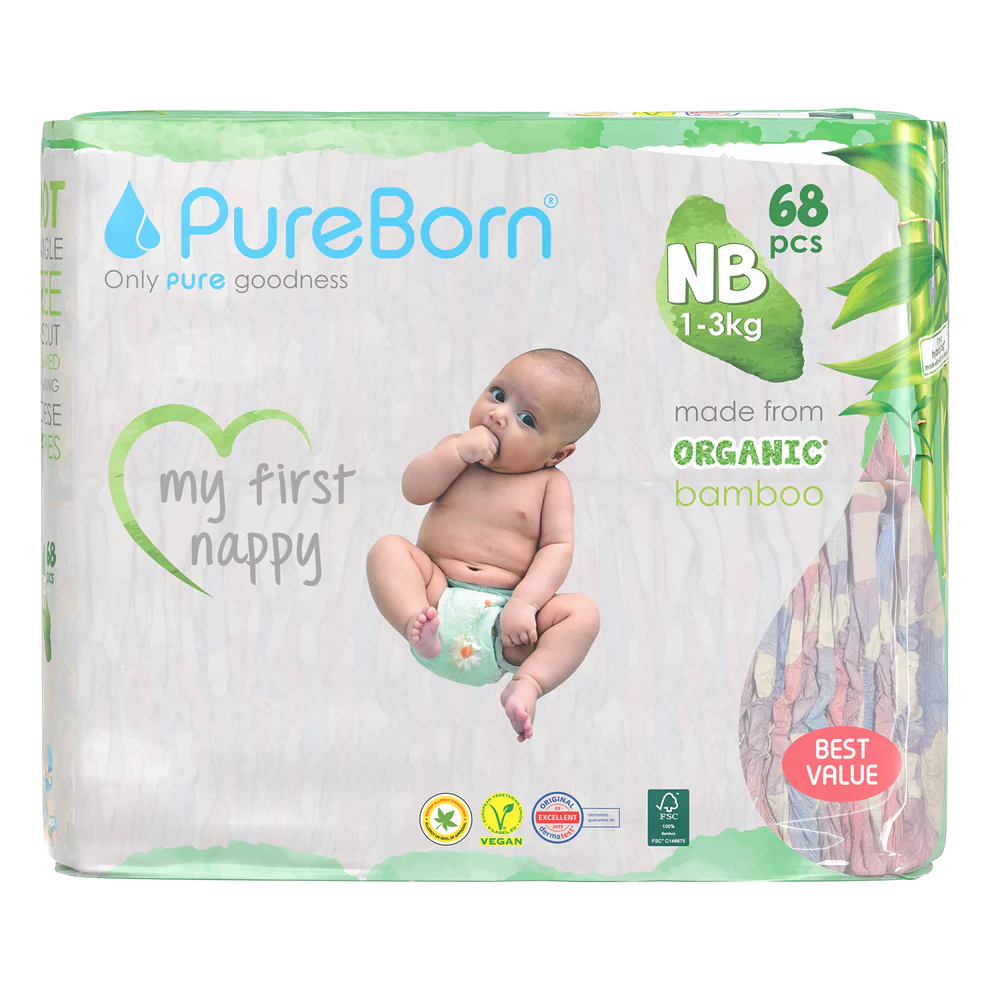 Pure Born Organic Bamboo Baby Diapers NB 68