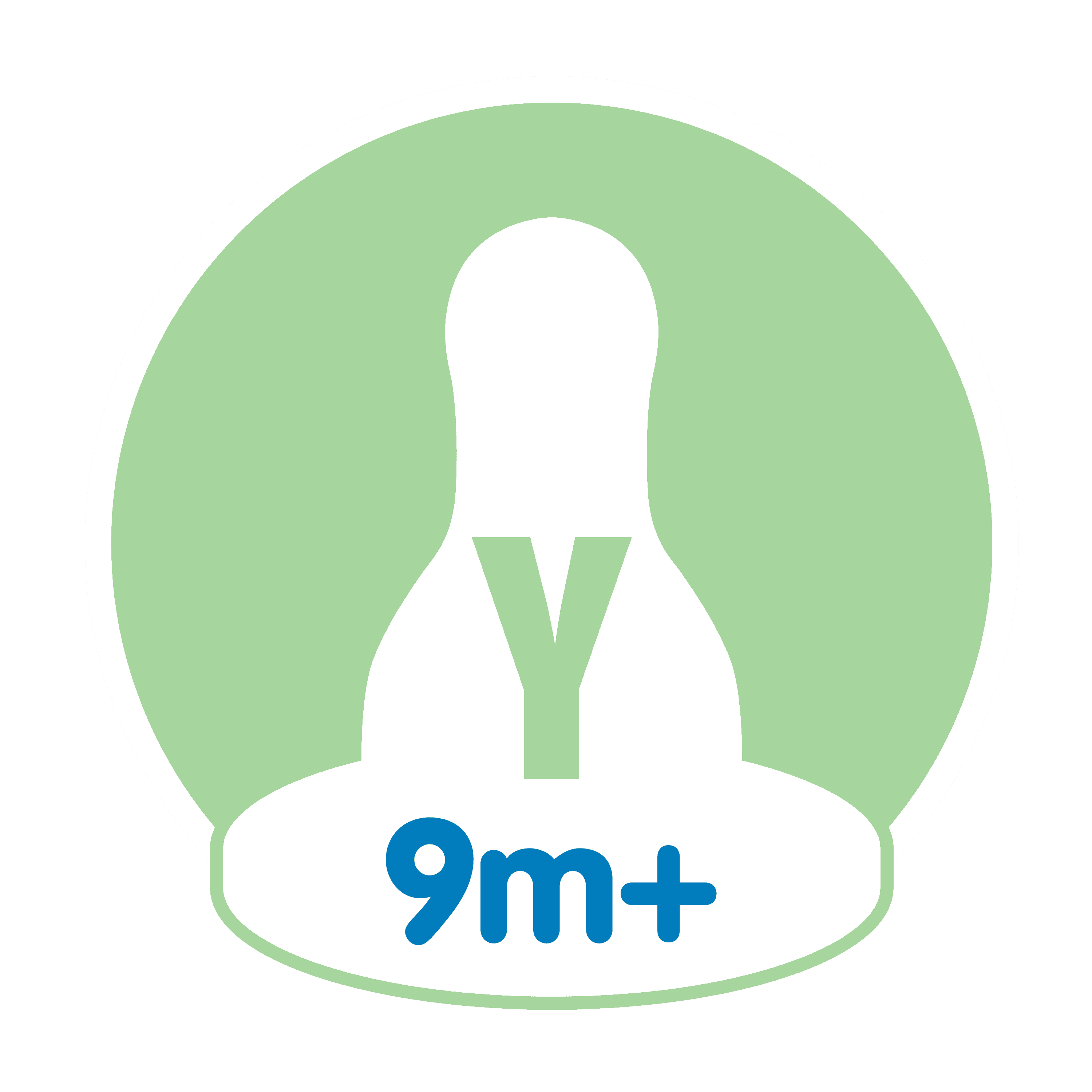 A circular graphic with a white baby bottle silhouette on a light green background, featuring the blue text '9m+' at the bottom.