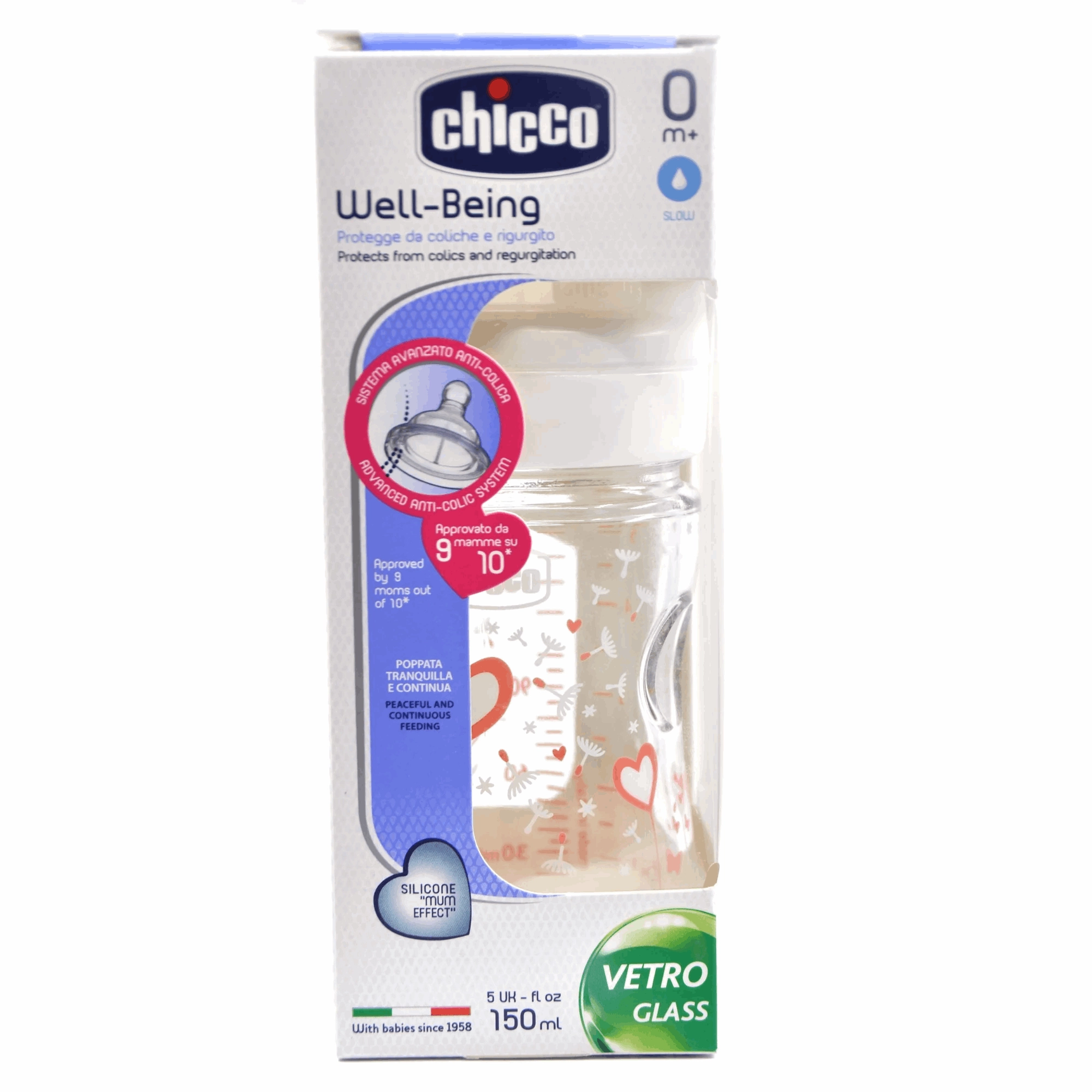 Chicco Bottle Well Being Glass 150 ml Normal Silicone - MamaApp
