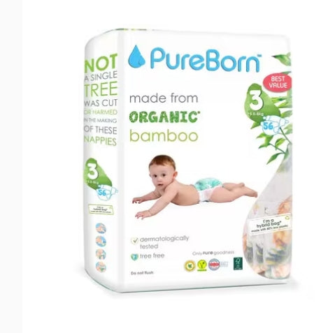 Pure Born Organic Bamboo Baby Diapers – Size 3 (56 Count)