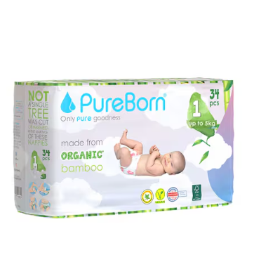 Pure Born Organic Bamboo Baby Diapers No. 1, 34 For New Born