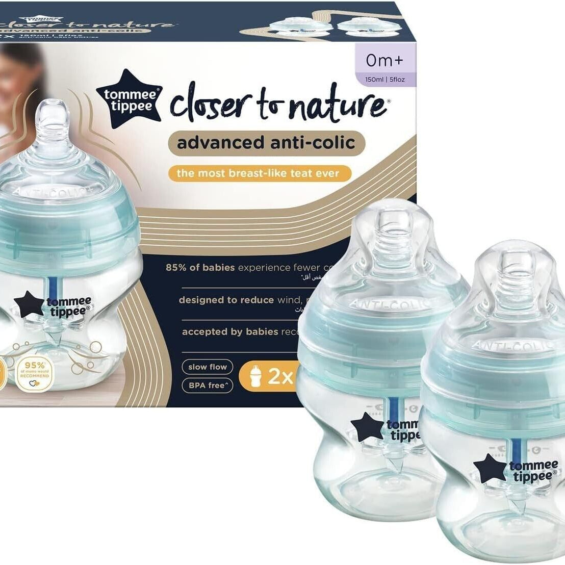Tommee Tippee Advanced Anti-Colic Feeding Bottle, Slow Flow, 150ml x2 - Blue