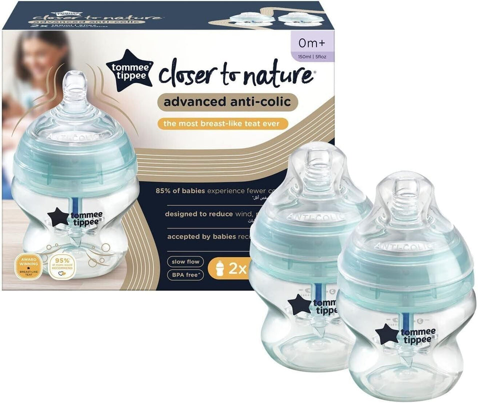 Tommee Tippee Advanced Anti-Colic Feeding Bottle, Slow Flow, 150ml x2 - Blue