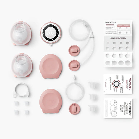 Collection of pink and white baby product components on a white background