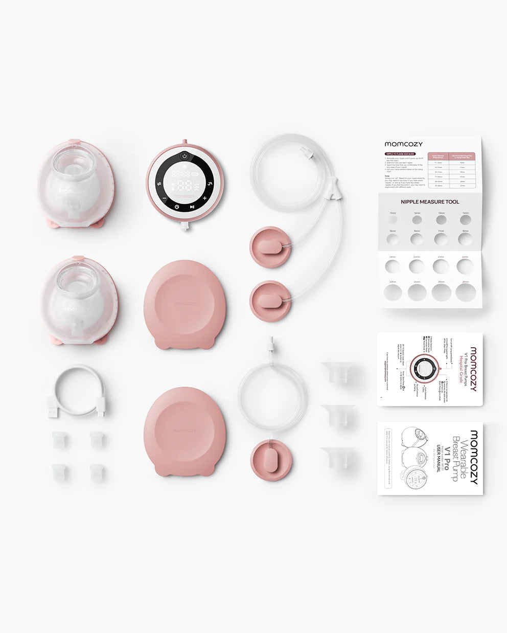 Collection of pink and white baby product components on a white background