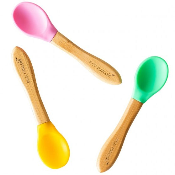 Bambo and Silicone Spoon Set - Pink Green Yellow