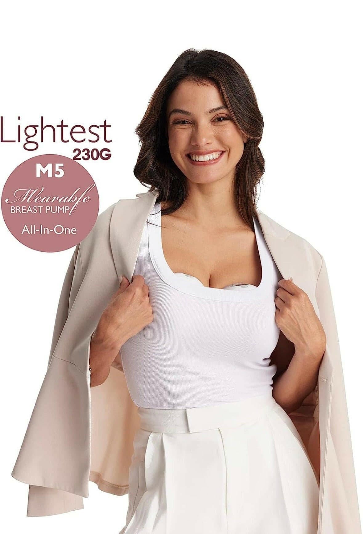A smiling woman models a white wireless bra with a light beige shawl draped over her shoulders, set against a plain white background with momcozy m5 pump wearing.