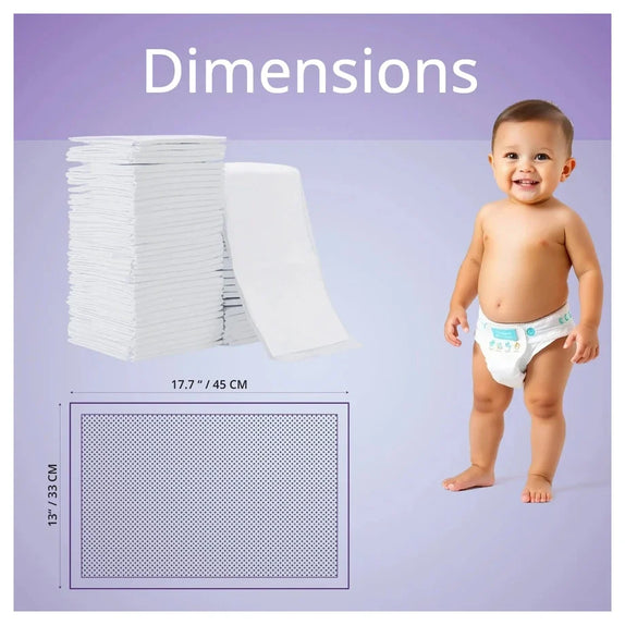 A baby standing on the right wearing a diaper, next to a stack of white disposable pads and a dimension diagram showing the pad size as 17.7 x 13.