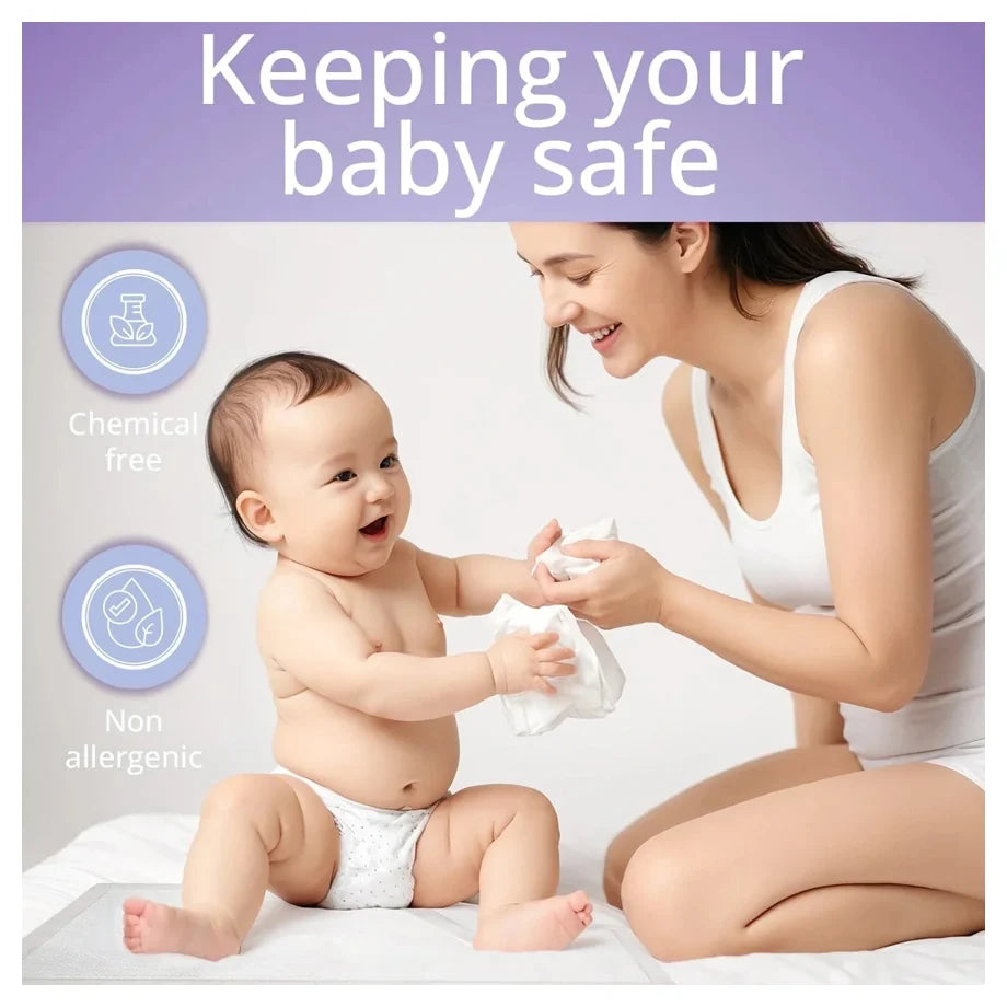 A woman kneeling beside a baby sitting on a changing pad, holding a white cloth. The top banner reads 'Keeping your baby safe' with circular icons stating 'Chemica free' and 'Non allergenic'.