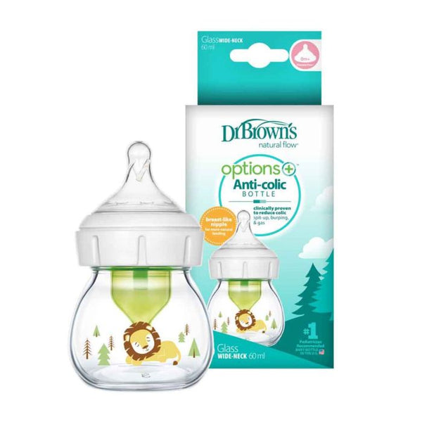 Dr. Brown's Glass W-N Options+ Bottle with Lion Deco and Preemie Nipple - 60mL